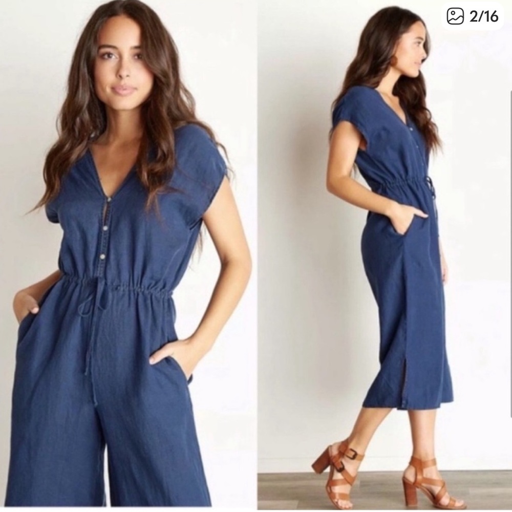 NWT cloth & stone Navy V-Back Cropped Button-Front linen Jumpsuit Medium